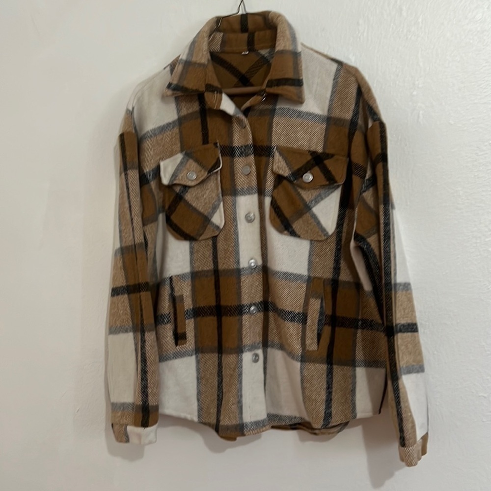 Size L Streetwear Grunge Gorpcore Soft   Oversized Plaid Button Front Shacket